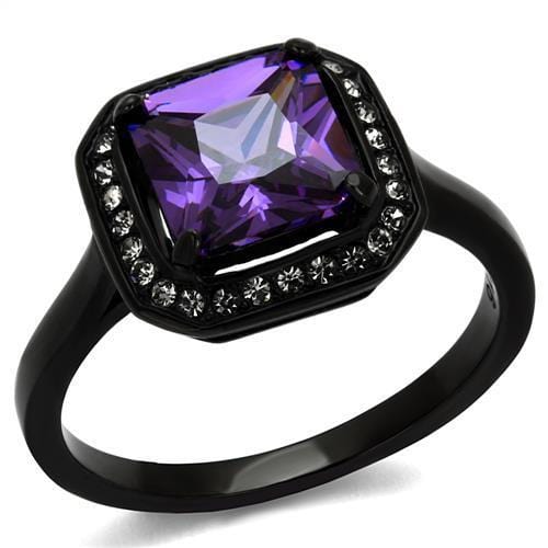 TK2487 - IP Black(Ion Plating) Stainless Steel Ring with AAA Grade CZ  in Amethyst - Alamode
