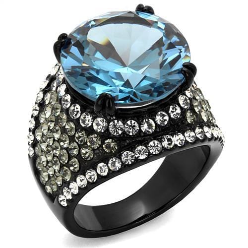 TK2555 - IP Black(Ion Plating) Stainless Steel Ring with AAA Grade CZ  in London Blue - Alamode