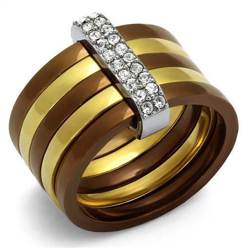 TK2601 - Three Tone IPï¼ˆIP Gold & IP Light coffee & High Polished) Stainless Steel Ring with Top Grade Crystal in Clear - Alamode - Flyclothing LLC