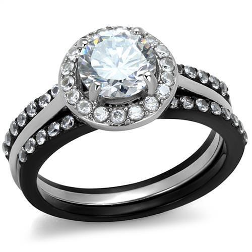 TK2620 - Two-Tone IP Black (Ion Plating) Stainless Steel Ring with AAA Grade CZ  in Clear - Alamode