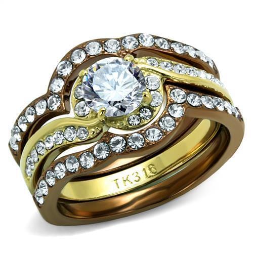 TK2669 - IP Gold & IP Light Brown (IP Light coffee) Stainless Steel Ring with AAA Grade CZ  in Clear - Alamode