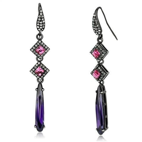 TK2712 - IP Light Black  (IP Gun) Stainless Steel Earrings with AAA Grade CZ  in Amethyst - Alamode