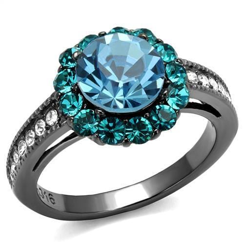 TK2716 - IP Light Black  (IP Gun) Stainless Steel Ring with Top Grade Crystal  in Sea Blue - Alamode