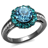 TK2716 - IP Light Black  (IP Gun) Stainless Steel Ring with Top Grade Crystal  in Sea Blue - Alamode