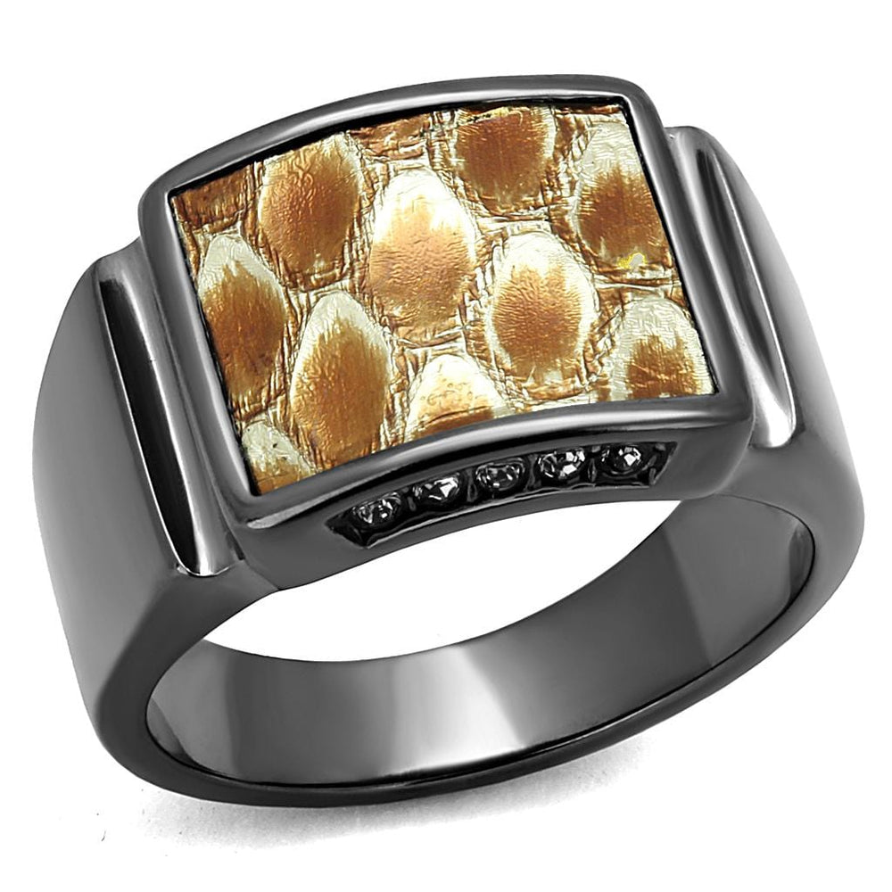 TK2738 - IP Light Black  (IP Gun) Stainless Steel Ring with Leather  in Brown - Alamode