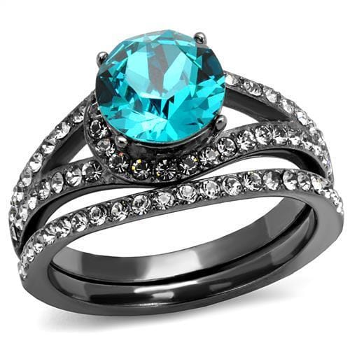 TK2744 - IP Light Black  (IP Gun) Stainless Steel Ring with Top Grade Crystal  in Blue Zircon - Alamode