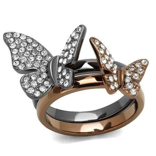 TK2806 - IP Light Black & IP Light coffee Stainless Steel Ring with Top Grade Crystal in Clear - Alamode - Flyclothing LLC