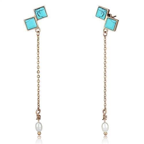 TK2814 - IP Rose Gold(Ion Plating) Stainless Steel Earrings with Synthetic Turquoise in Sea Blue - Alamode