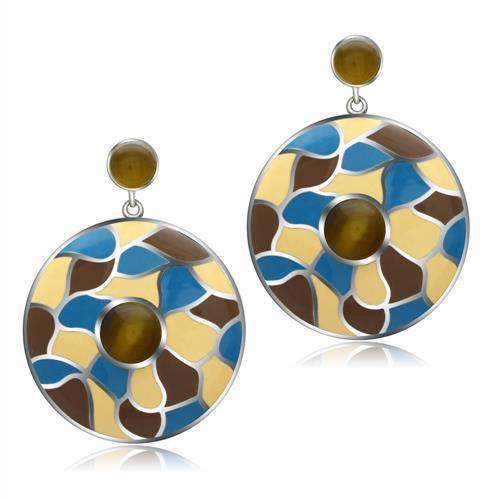 TK281 - High polished (no plating) Stainless Steel Earrings with Synthetic Cat Eye in Brown - Alamode
