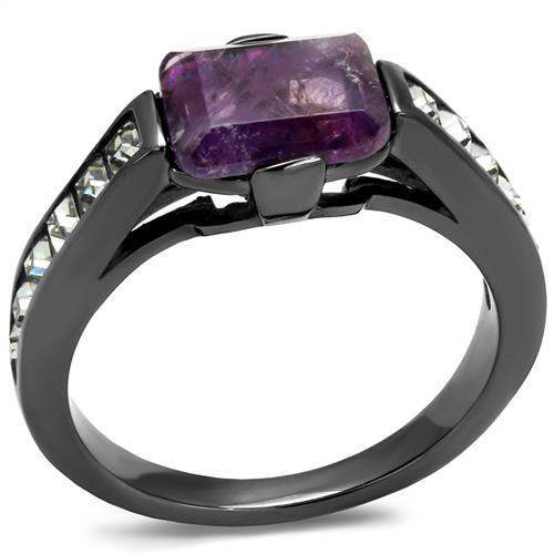 TK2832 - IP Light Black (IP Gun) Stainless Steel Ring with Precious Stone Amethyst Crystal in Amethyst - Alamode - Flyclothing LLC
