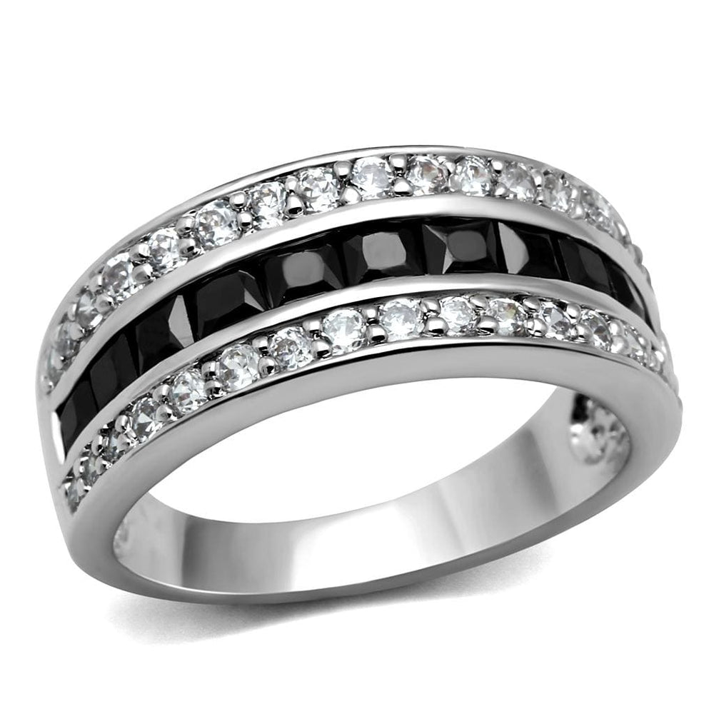 TK2872 - High polished (no plating) Stainless Steel Ring with AAA Grade CZ  in Black Diamond - Alamode