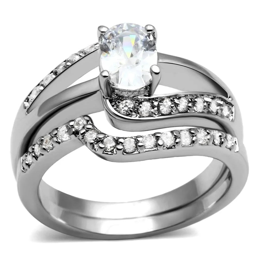 TK2879 - High polished (no plating) Stainless Steel Ring with AAA Grade CZ  in Clear - Alamode