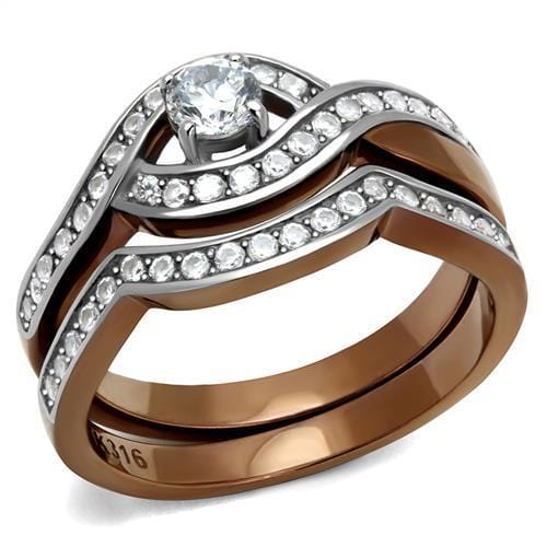 TK2953 - Two Tone IP Light Brown (IP Light coffee) Stainless Steel Ring with AAA Grade CZ  in Clear - Alamode