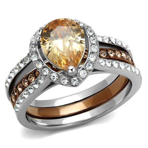 TK2961 - Two Tone IP Light Brown (IP Light coffee) Stainless Steel Ring with AAA Grade CZ in Champagne - Alamode - Flyclothing LLC