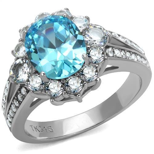 TK2977 - High polished (no plating) Stainless Steel Ring with AAA Grade CZ  in Sea Blue - Alamode