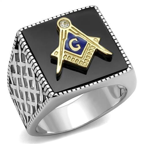 TK3018 - Two-Tone IP Gold (Ion Plating) Stainless Steel Ring with Semi-Precious Agate in Jet - Alamode