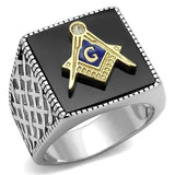 TK3018 - Two-Tone IP Gold (Ion Plating) Stainless Steel Ring with Semi-Precious Agate in Jet - Alamode