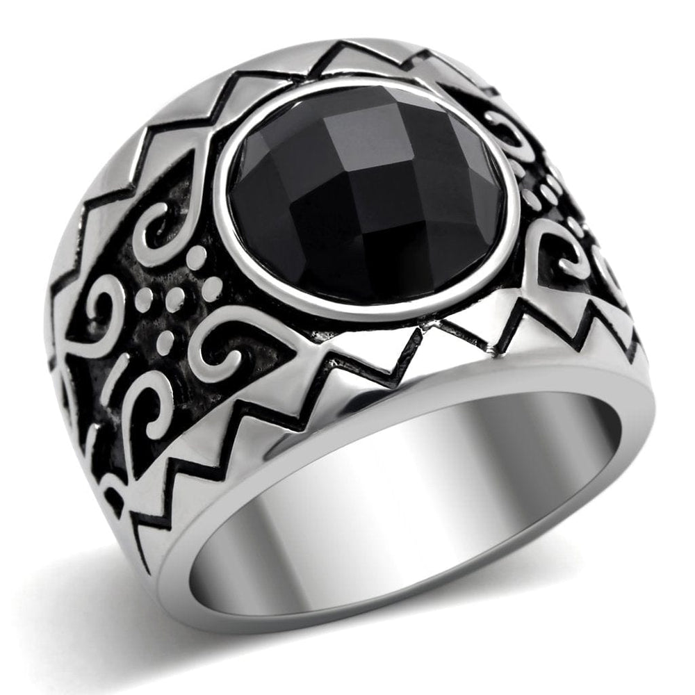 TK303 - High polished (no plating) Stainless Steel Ring with AAA Grade CZ  in Jet - Alamode