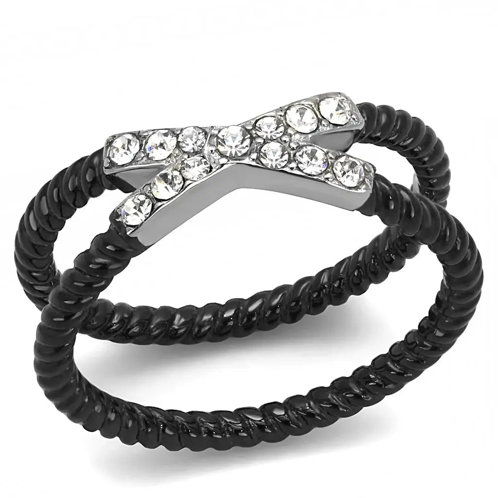 TK3053 - Two-Tone IP Black (Ion Plating) Stainless Steel Ring with Top Grade Crystal in Clear - Alamode - Flyclothing LLC