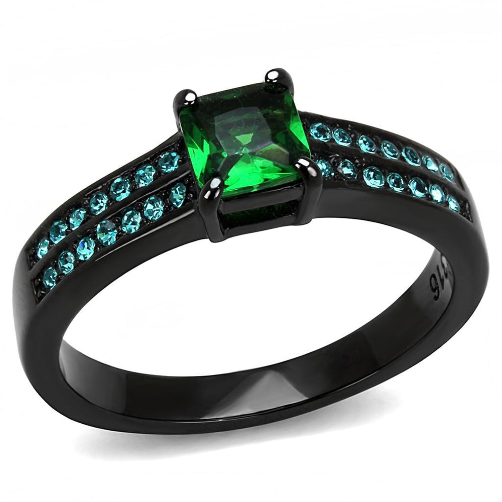 TK3064 - IP Black(Ion Plating) Stainless Steel Ring with Synthetic Synthetic Glass in Emerald - Alamode