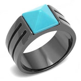 TK3074 - IP Light Black  (IP Gun) Stainless Steel Ring with Synthetic Turquoise in Sea Blue - Alamode