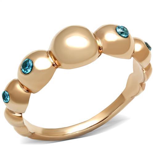 TK3088 - IP Rose Gold(Ion Plating) Stainless Steel Ring with AAA Grade CZ  in Sea Blue - Alamode