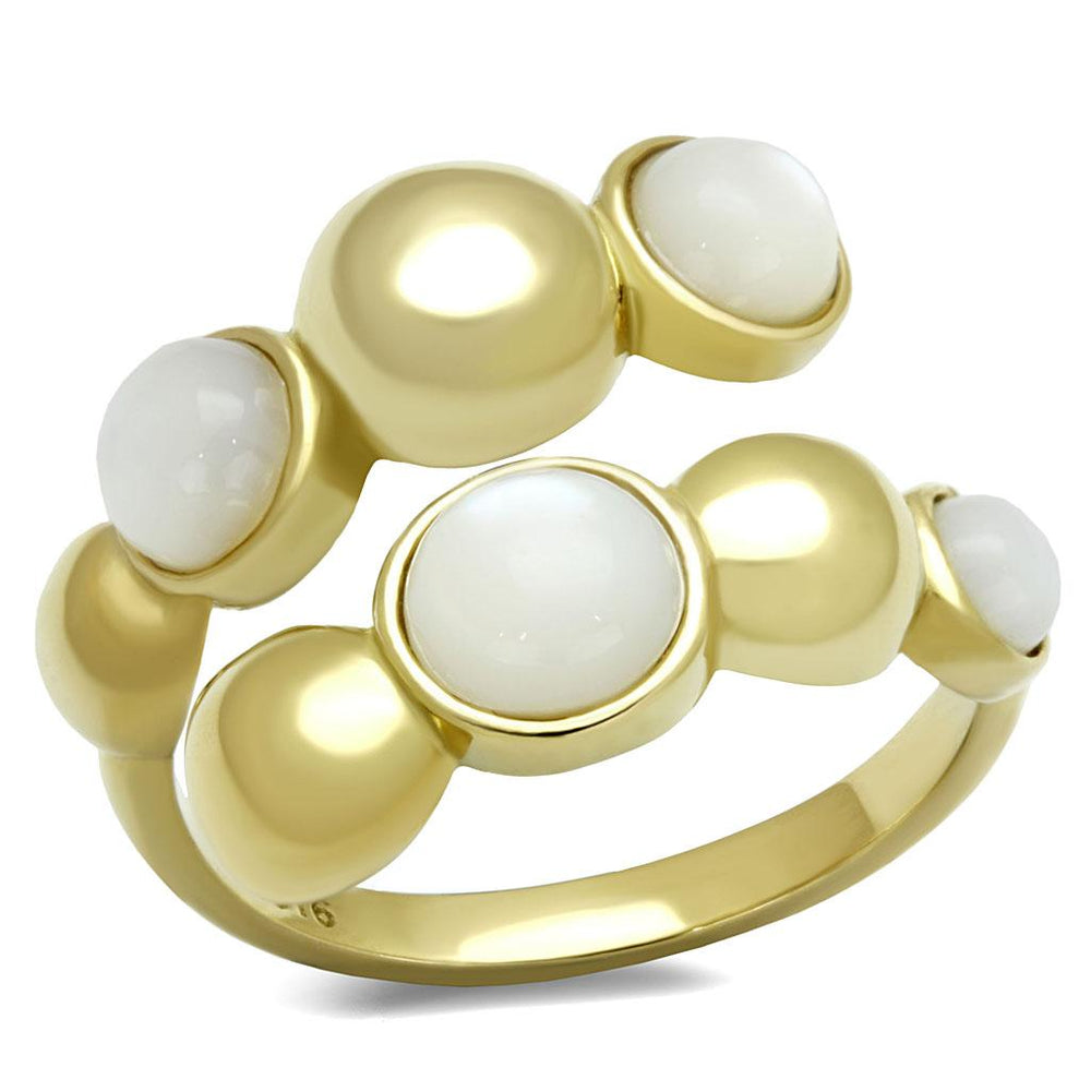 TK3090 - IP Gold(Ion Plating) Stainless Steel Ring with Semi-Precious Coral in Aurora Borealis (Rainbow Effect) - Alamode