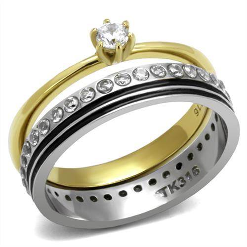 TK3108 - Two-Tone IP Gold (Ion Plating) Stainless Steel Ring with AAA Grade CZ  in Clear - Alamode