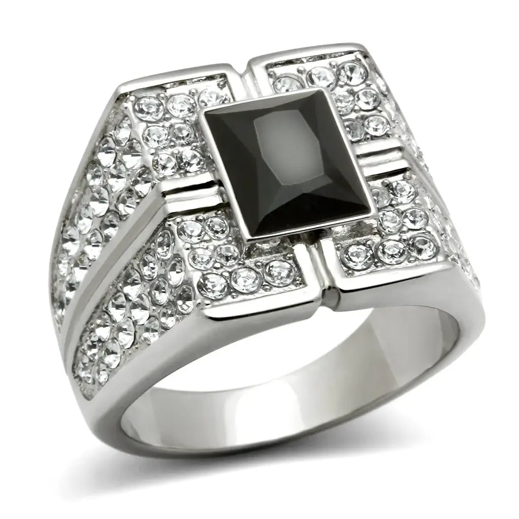 TK320 - High polished (no plating) Stainless Steel Ring with Synthetic Synthetic Glass in Jet - Alamode - Flyclothing LLC