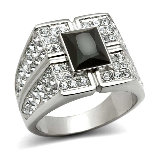 TK320 - High polished (no plating) Stainless Steel Ring with Synthetic Synthetic Glass in Jet - Alamode - Flyclothing LLC