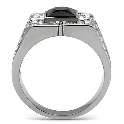 TK320 - High polished (no plating) Stainless Steel Ring with Synthetic Synthetic Glass in Jet - Alamode - Flyclothing LLC