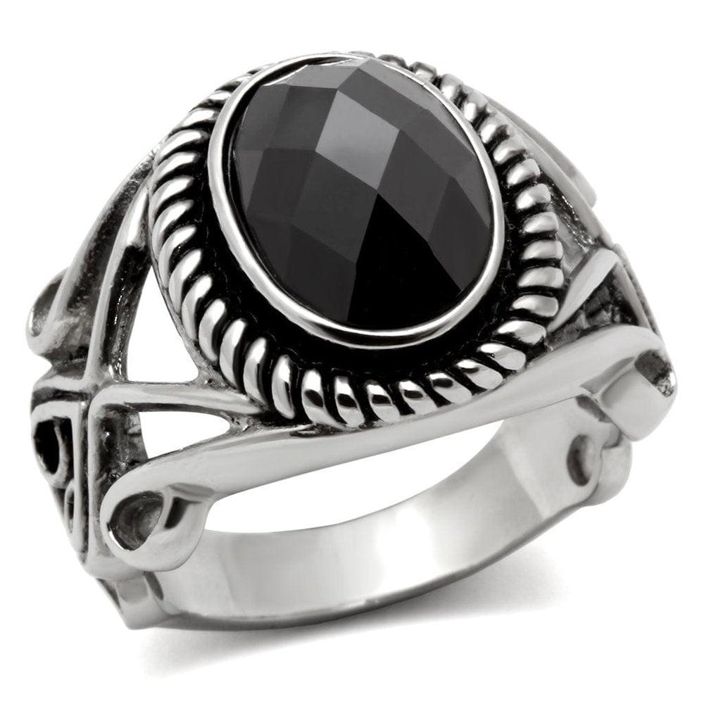 TK322 - High polished (no plating) Stainless Steel Ring with AAA Grade CZ  in Black Diamond - Alamode