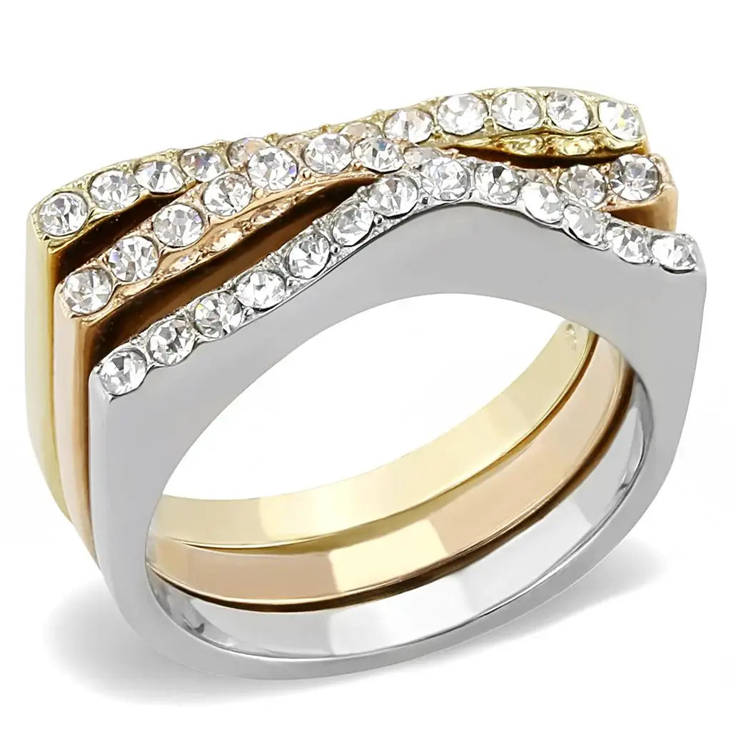 TK3234 - Three Tone IPï¼ˆIP Gold & IP Rose Gold & High Polished) Stainless Steel Ring with Top Grade Crystal in Clear - Alamode - Flyclothing LLC