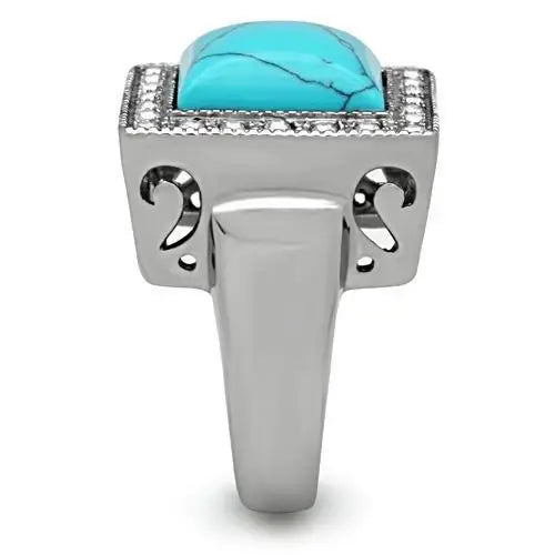 TK323 - High polished (no plating) Stainless Steel Ring with Synthetic Turquoise in Sea Blue - Alamode - Flyclothing LLC