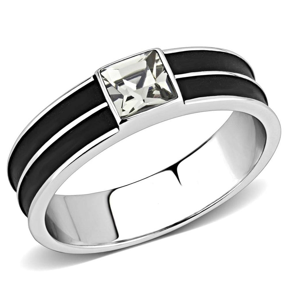TK3292 - High polished (no plating) Stainless Steel Ring with Top Grade Crystal  in Black Diamond - Alamode