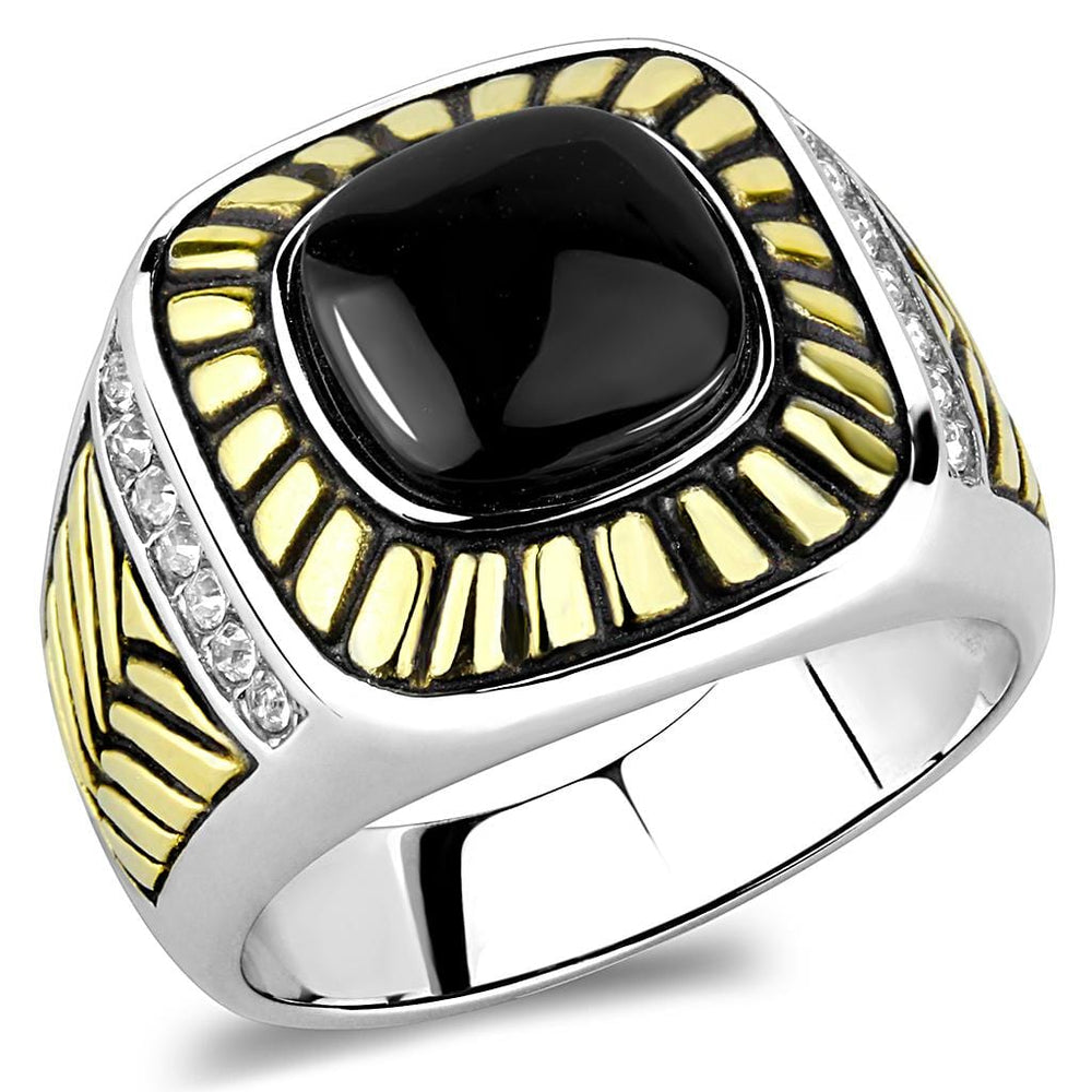 TK3294 - Two-Tone IP Gold (Ion Plating) Stainless Steel Ring with Synthetic Onyx in Jet - Alamode