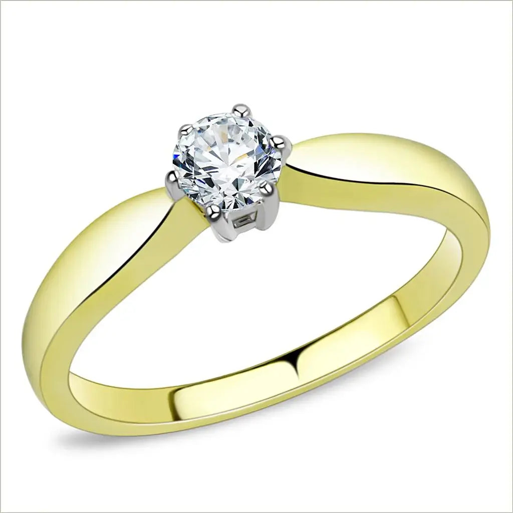 TK3440 - Two-Tone IP Gold (Ion Plating) Stainless Steel Ring with AAA Grade CZ in Clear - Alamode - Flyclothing LLC