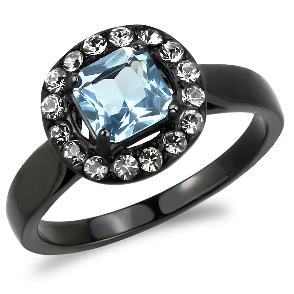 TK3443 - IP Black(Ion Plating) Stainless Steel Ring with Synthetic Synthetic Glass in Sea Blue - Alamode - Flyclothing LLC