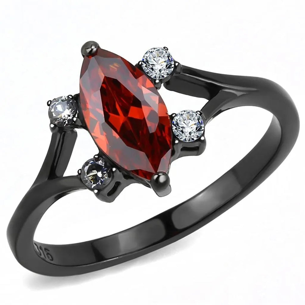 TK3445 - IP Black(Ion Plating) Stainless Steel Ring with AAA Grade CZ  in Garnet - Alamode