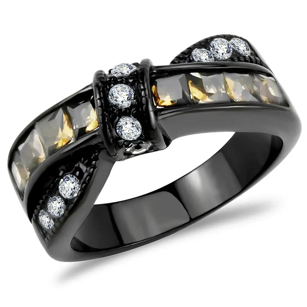 TK3452 - IP Black(Ion Plating) Stainless Steel Ring with Synthetic Synthetic Glass in Brown - Alamode - Flyclothing LLC