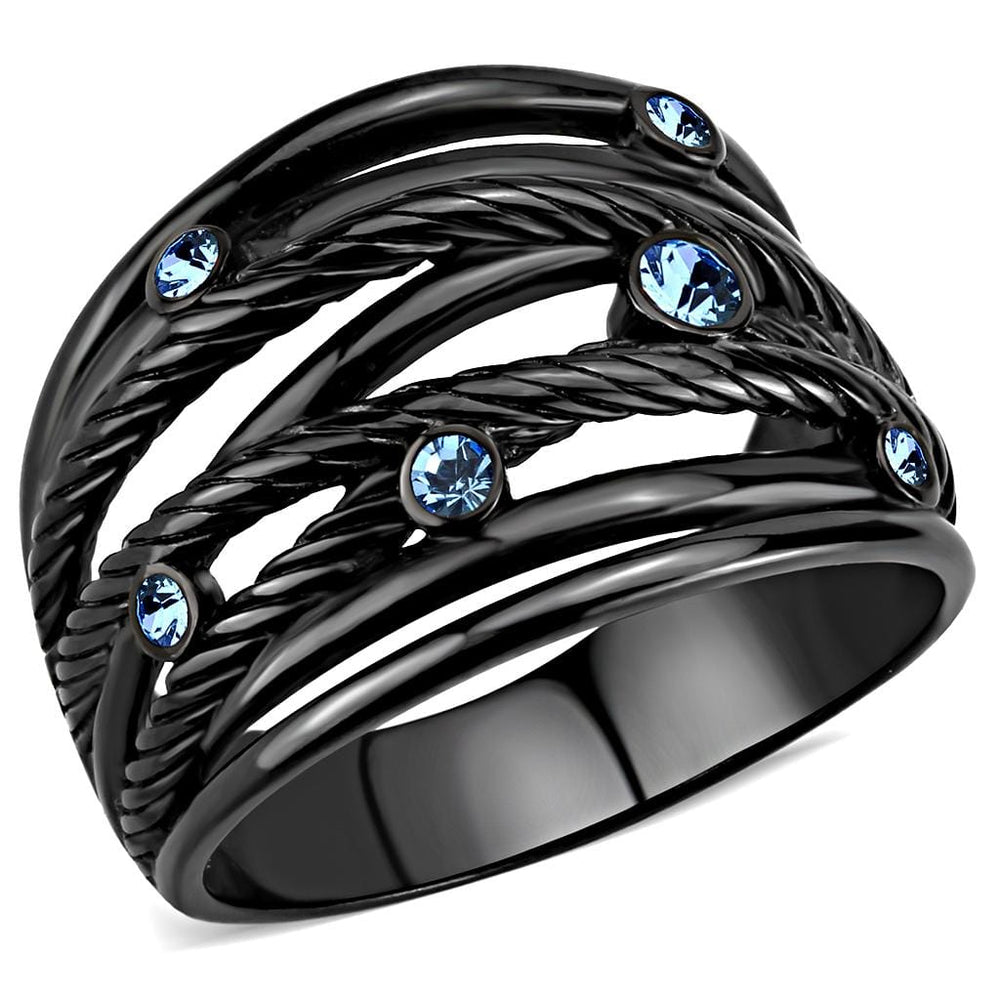 TK3564 - IP Black(Ion Plating) Stainless Steel Ring with Top Grade Crystal  in Sea Blue - Alamode