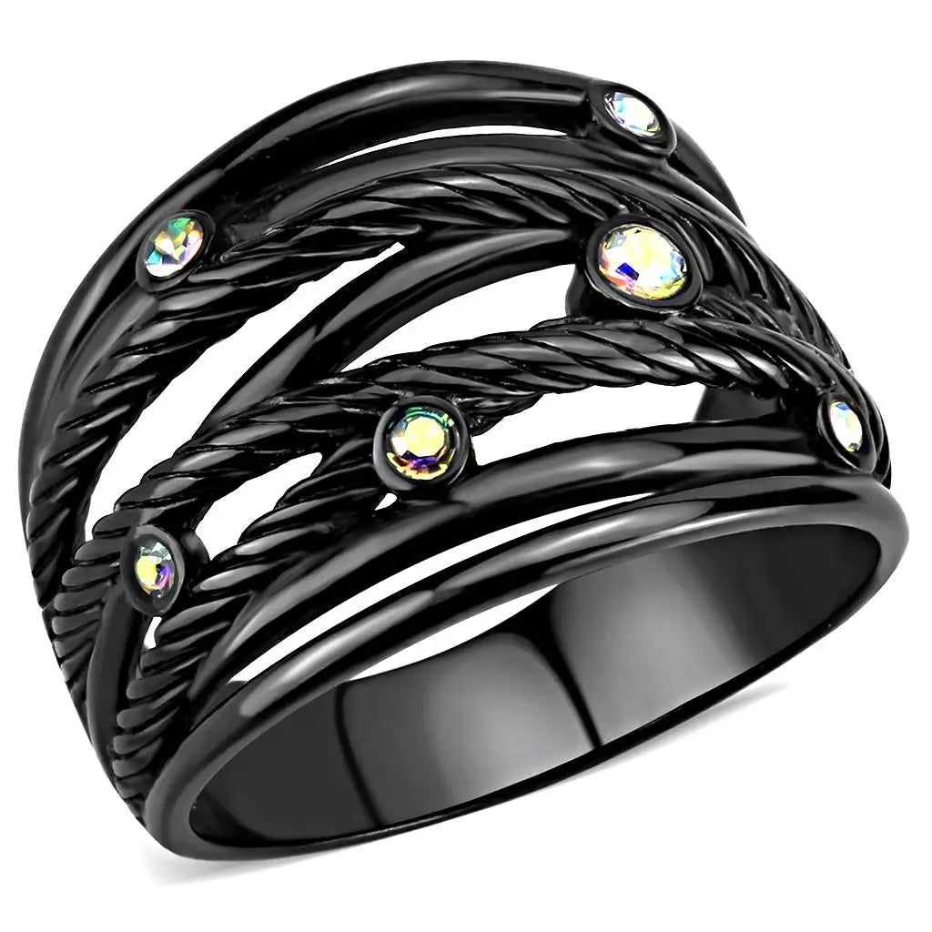 TK3566 - IP Black(Ion Plating) Stainless Steel Ring with Top Grade Crystal in Aurora Borealis (Rainbow Effect) - Alamode - Flyclothing LLC