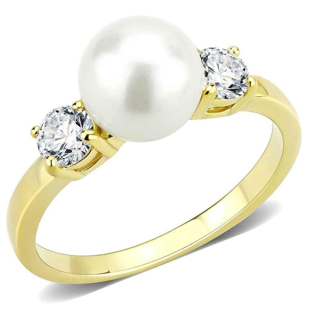 TK3567 - IP Gold(Ion Plating) Stainless Steel Ring with Synthetic Pearl in White - Alamode
