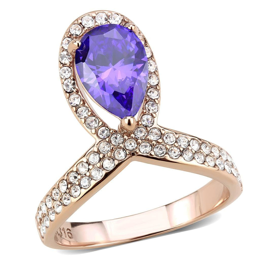 TK3589 - IP Rose Gold(Ion Plating) Stainless Steel Ring with AAA Grade CZ  in Tanzanite - Alamode
