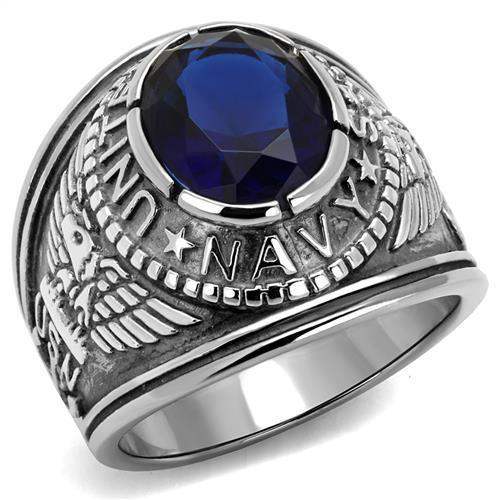 TK414707 - High polished (no plating) Stainless Steel Ring with Synthetic Synthetic Glass in Sapphire - Alamode - Flyclothing LLC