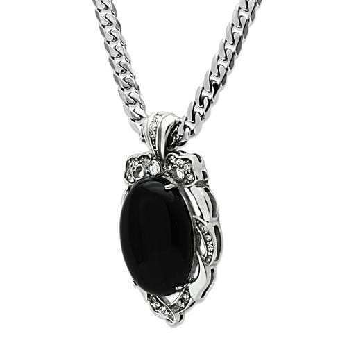 TK459 - High polished (no plating) Stainless Steel Chain Pendant with Semi-Precious Onyx in Jet - Alamode - Flyclothing LLC