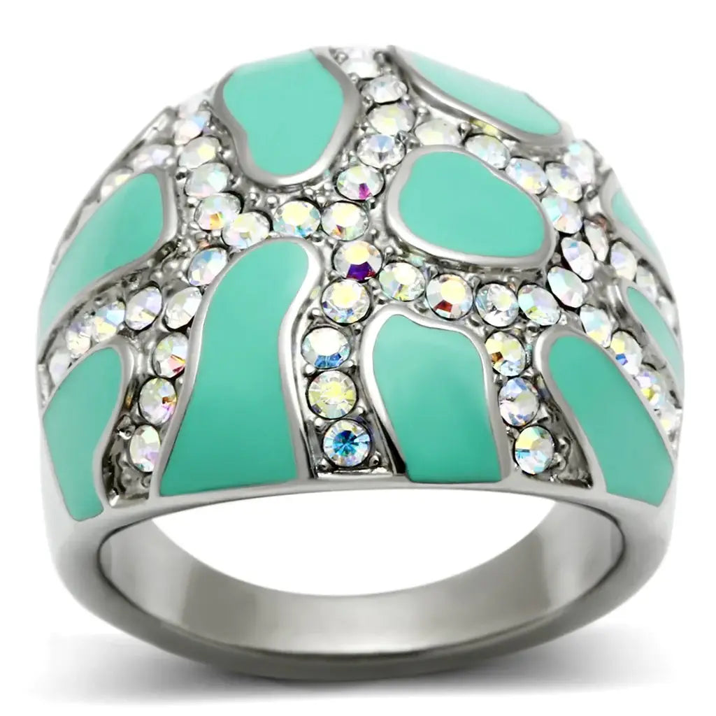 TK507 - High polished (no plating) Stainless Steel Ring with Top Grade Crystal in Aurora Borealis (Rainbow Effect) - Alamode - Flyclothing LLC