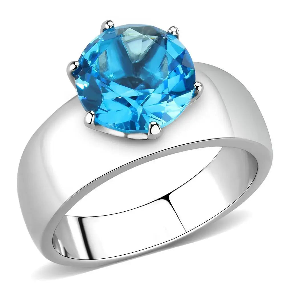 TK52003 - High polished (no plating) Stainless Steel Ring with Synthetic Synthetic Glass in Sea Blue - Alamode - Flyclothing LLC