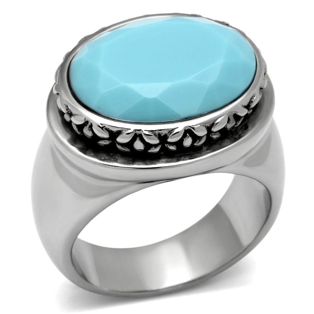 TK525 - High polished (no plating) Stainless Steel Ring with Synthetic Synthetic Glass in Sea Blue - Alamode