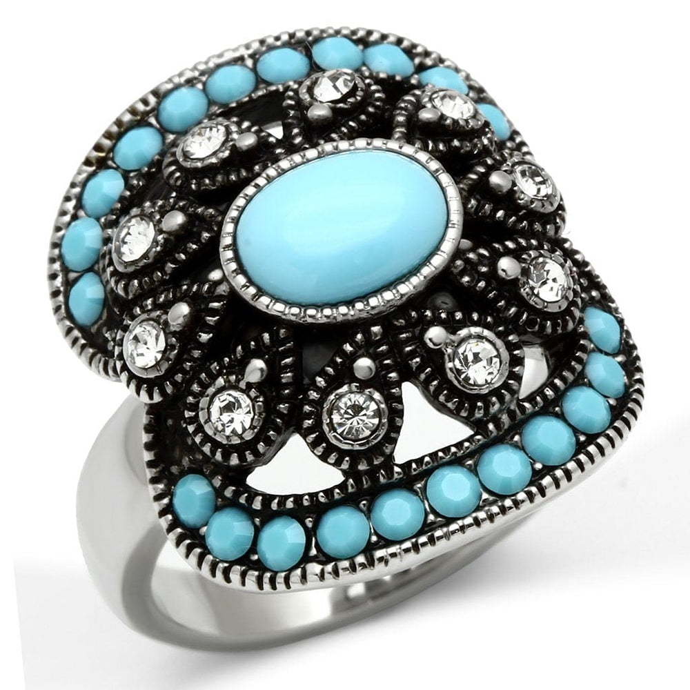 TK526 - High polished (no plating) Stainless Steel Ring with Synthetic Synthetic Glass in Sea Blue - Alamode
